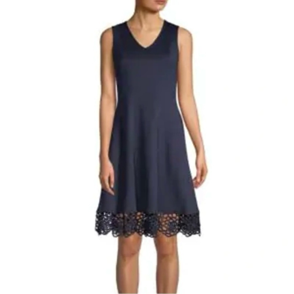 Donna Ricco Crocheted Hem V-Neck Scuba Sleeveless Dress
